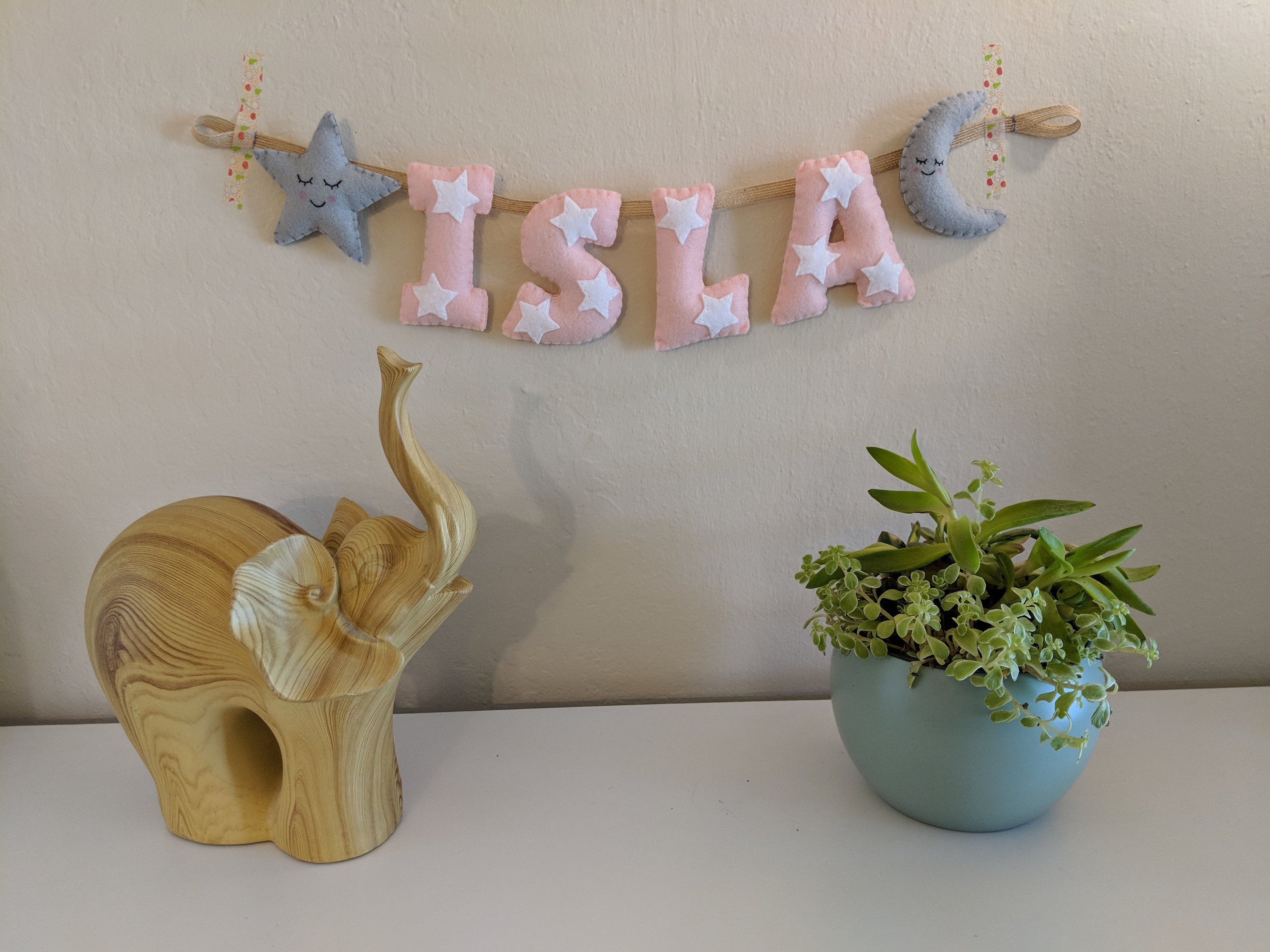 Handmade Star and Moon Pink Name Banner - Baby Girl Nursery Decor Gift - Name Bunting - Made to Order Star and Moon Name Banner