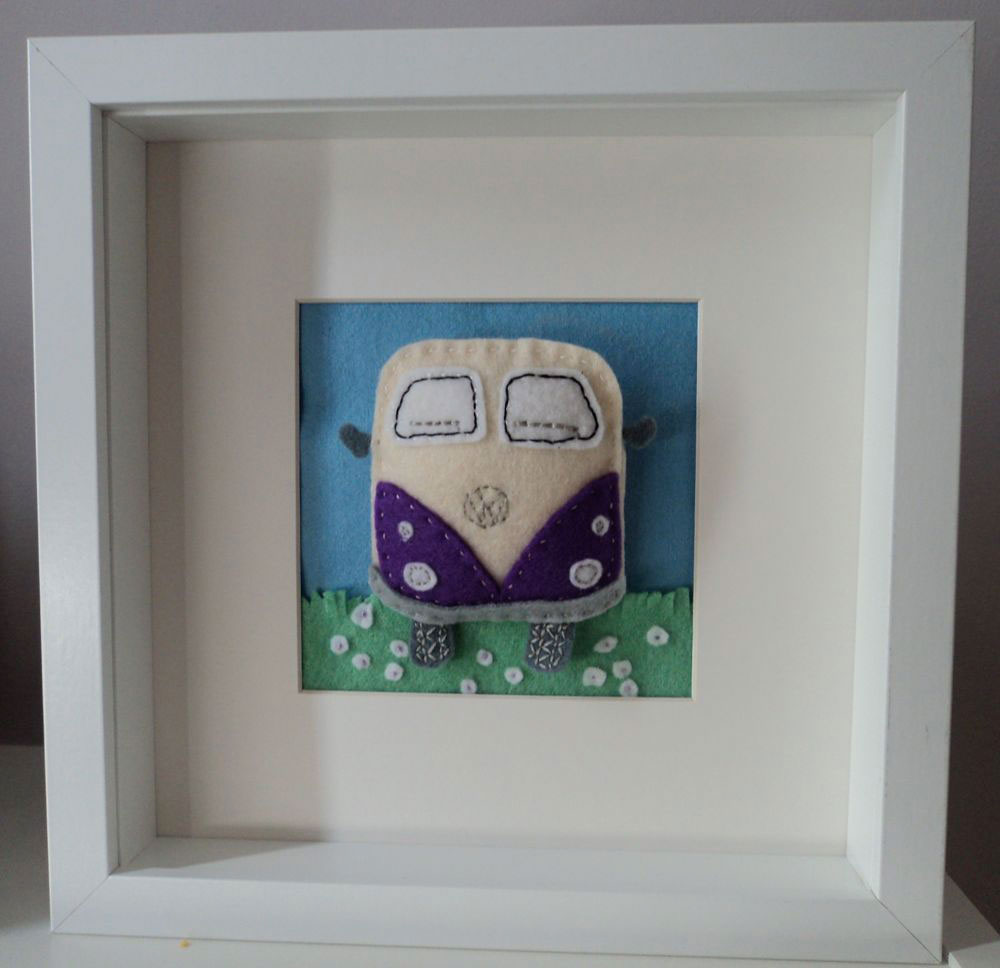 Custom Order — this does have a personalised licence plate but as it’s a gift I haven’t photographed it with the licence plate attached. Hand cut felt VW Camper Van which is slightly padded, flower lined grass and in a 10 inch squared box frame, mounted so that the picture is 4½ inches square. Each part is hand cut and hand stitched by me and is very labour intensive — because of this no two frames will be the same. This is just an example of the pictures I can do. Prices for these start at £20 depending on the size of the picture and the level of detail required. This on was priced at £20. Custom Order — this does have a personalised licence plate but as it’s a gift I haven’t photographed it with the licence plate attached. Hand cut felt VW Camper Van which is slightly padded, flower lined grass and in a 10 inch squared box frame, mounted so that the picture is 4½ inches square. Each part is hand cut and hand stitched by me and is very labour intensive — because of this no two frames will be the same. This is just an example of the pictures I can do. Prices for these start at £20 depending on the size of the picture and the level of detail required. This on was priced at £20.