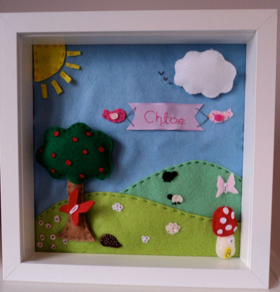 Felt Box Frame — un-mounted. (10 inch square box frame) Everything is hand cut by me and hand stitched by me, I would love to say the design is exclusively mine but my little boy Jack does like to help out with placement! Prices for these start at £20 (this one would cost £35) depending on the size of the picture and the level of detail required. Felt Box Frame — un-mounted. (10 inch square box frame) Everything is hand cut by me and hand stitched by me, I would love to say the design is exclusively mine but my little boy Jack does like to help out with placement! Prices for these start at £20 (this one would cost £35) depending on the size of the picture and the level of detail required.