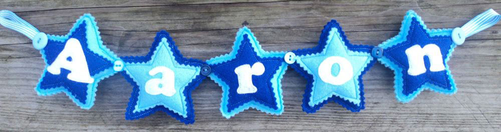 Star Name Banner in Blues. £12 for up to four letters, each additional letter is £2. This one is priced at £14. Each shape is 3½ inches tall and usually the same width. These can be done in any combination of colours. Star Name Banner in Blues. £12 for up to four letters, each additional letter is £2. This one is priced at £14. Each shape is 3½ inches tall and usually the same width. These can be done in any combination of colours.