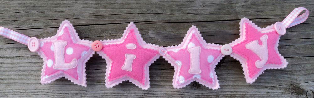 Star Name Banner in Pinks. £12 for up to four letters, each additional letter is £2. This one is priced at £12. Each shape is 3½ inches tall and usually the same width. These can be done in any combination of colours. Star Name Banner in Pinks. £12 for up to four letters, each additional letter is £2. This one is priced at £12. Each shape is 3½ inches tall and usually the same width. These can be done in any combination of colours.